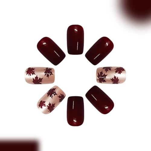 24Pcs Fall Maple Leaf press on Nails Medium Square Burgundy Fake Nails - color: Style-28