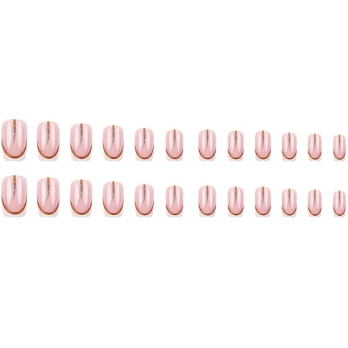 White French Tip Press on Nails Square Medium Fake Nails with Glitter Line Designs Pink Nails Press ons Glossy Glue on Nails Acrylic False Nails Artificial Stick on Nails for Women 24Pcs - color: Glitter Line Designs