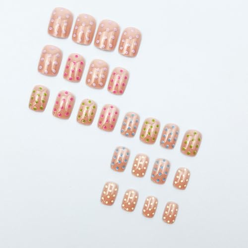 Short Square Press On Nails Colorful Polka Dot Fake Nails Glossy Stick On - color: BD-Colorful-9