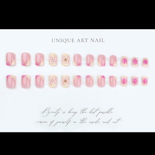French Tip Press on Nails Square Short 3D Floral Water Drop Design - color: Ombre Pink