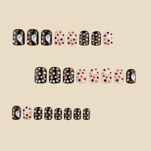 Halloween Press on Nails Short Square Nails Press on Polka Dot Fake Nails - color: Halloween26-Black-4