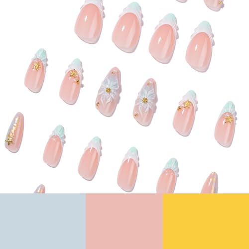 Blue Ombre Press on Nails Medium Almond - 3D Floral & Starfish - color: D-53
