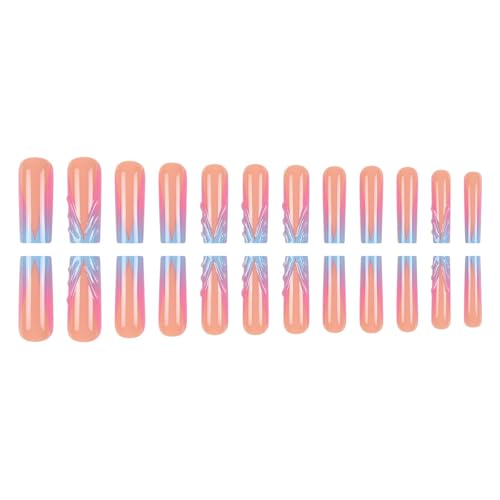 RUOKEXIN French Tip Press on Nails Square Fake Nails Blue Pink Ombre False Nails with 3D Designs Long Nail Press ons Sparkly Artificial Nails Cute Stick on Nails for Women 24Pcs - color: Long Style-C7C22