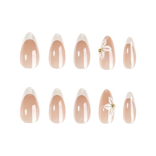 Medium Almond Press On Nails, White French 3D Flower Fake Nails - color: 098-Pearl Ivory Blush