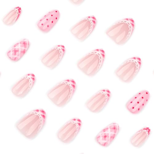 Pink Press on Nails with Polka Dot Checkered Design - Lace French Tips Fake Nails Short Almond False Nails Full Cover Glossy Stick on Nails Manicure Kit for Women 24PCS - color: Style-03
