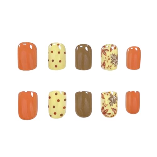 Autumn Press on Nails Short Square Fake Nails with Maple Polka Dot Designs Glossy Nails Press ons Orange Yellow Brown Glue on Nails Full Cover Acrylic Nails Fall Stick on Nails for Women 24Pcs - color: 13