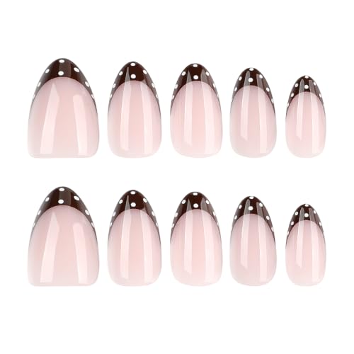 Short Almond Press On Nails, Brown French White Polka Dot, 24 Pcs - color: 104-Mocha Dot Blush