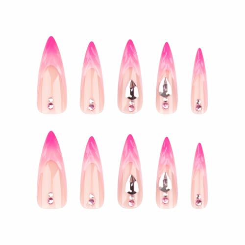 MISUD Press on Nails - Long Stiletto Fake Nails with Hot Pink, Acrylic Handmade 3D Rhinestone Design 24 pcs - color: 06103Pink