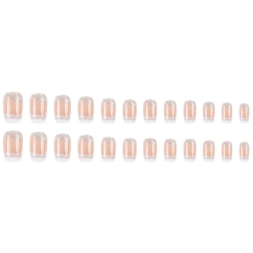 Square Press on Nails White French Tip Nails Press ons Medium Fake Nails with Silver Glitter Designs False Nails Ombre Glossy Artificial Nail Acrylic Glue on Nail for Women Girls 24Pcs - color: style021