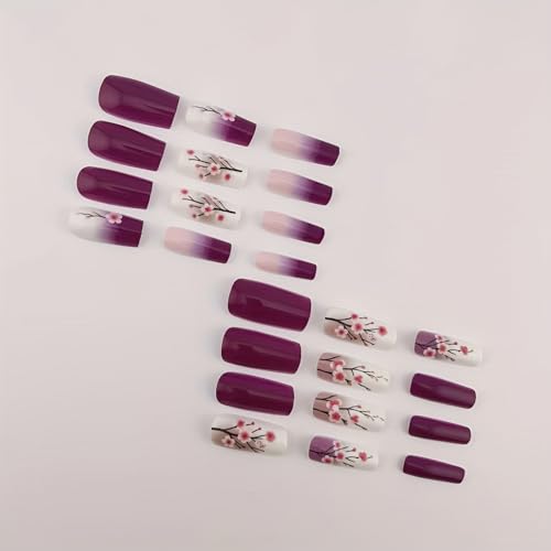 GRITOSE 24pcs Square Press-On False Nails, Purple White Gradient, Glossy, Full Cover, Gel Glue, Women Girls Spring Summer Manicure - color: style16