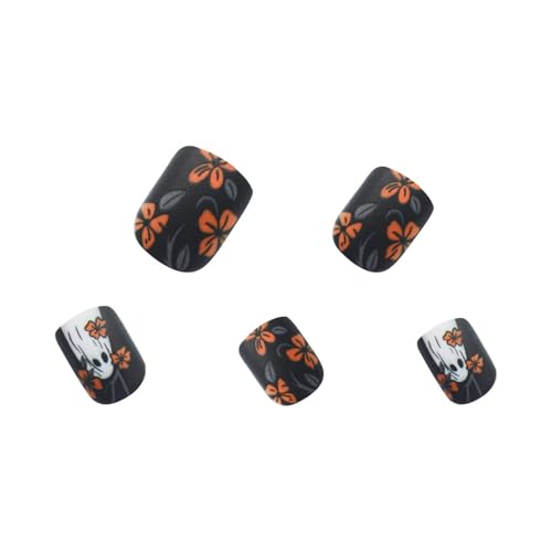 Halloween Yellow Flowers Press on Nails Short Square Fake Nails with Cute Little Ghost Designs Black Matte Artificial Nails Full Cover Stick on Nails Halloween Glue on Nails for Women Nail Art DIY - color: Style 11