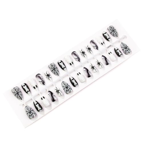 30pcs Halloween Press On Nails Ghost Spider Web Fake Nails Gothic Nail Tips - color: Halloween Press on Nails 15