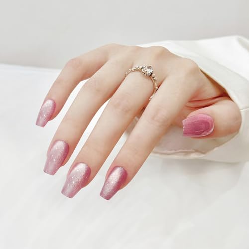Skycloud Cat Eyes Press On Nails - 24 Pcs Soft Gel Rose Red Pink Medium Coffin Fake Nails Kit with Nail Glue, Natural Reusable Stick On False Nails for Women and Girls (SK0719) - color: SK0719-Rose Red