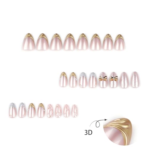 Short Almond Press on Nails 3D French Tip with Gold Bow Design Shimmer Glossy Fake Nails for Women 24PCS - color: Style-06