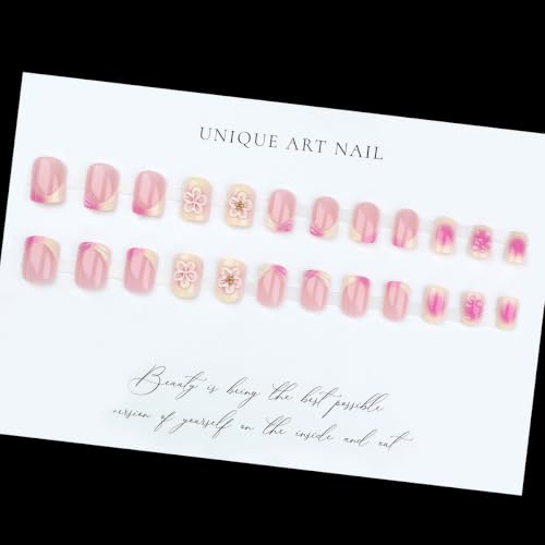French Tip Press on Nails Square Short 3D Floral Water Drop Design - color: Ombre Pink