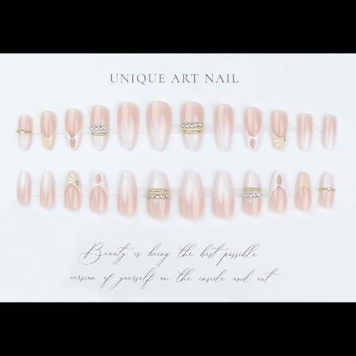24Pcs Medium Almond Press on Nails White French Tip Nude Acrylic Fake Nails with 3D Gold Beads Rhinestone Chain Designs False Nails Luxury Elegant Full Cover Glossy Glue on Nail Manicure for Women - color: style09