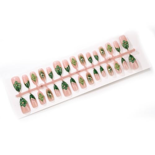 Green French Press On Nails Medium Almond Fake Nails Floral False Nails With Glod Curve Desigh Reusable Acrylic Nail Press Ons Full Cover Glossy Glue On Nails For Women Manicure 24Pcs - color: Design-22