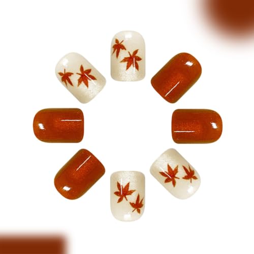 Fall Maple Leaf Press on Nails Short Square Fake Nails with Glitter Design Orange Cat Eye Acrylic False Nail Autumn Leaf Full Cover Stick On Nail Reusable Thanksgiving Artificial Nails for Women 24Pcs - color: special Fall-25