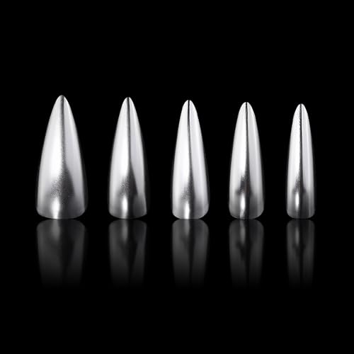 MISUD Press on Nails - Long Stiletto Glue on Nails with Silver Chrome, Acrylic Metallic Design 24 pcs - color: 06104Silver