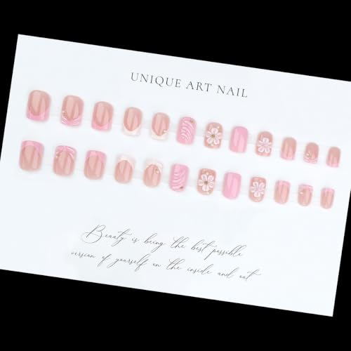 Press on Nails Medium Square 3D Flower Water Ripple Design - color: Pink White-18