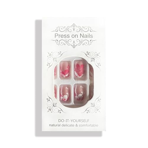 RTKHFZE Short Press on Nails French Tip Nails Press Ons Square Fake Nails with Pink and white Floral Designs False Nails Full Cover Acrylic Nail for Women and Girls 24Pcs - color: style015