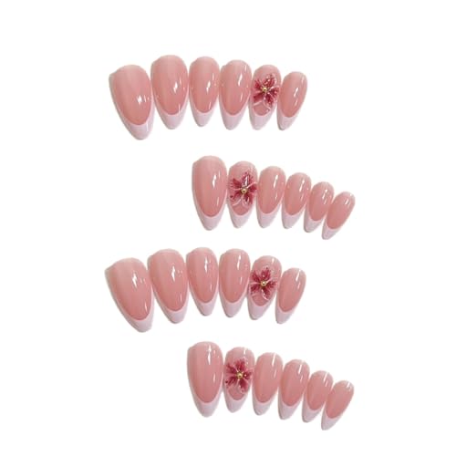 White French Tip Press on Nails Medium Almond - 3D Flowers - color: Style-02