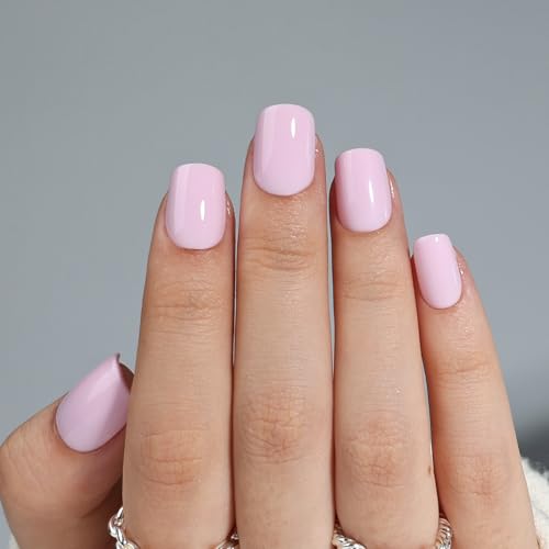 Glossy Pink Press On Nails, Short Square Reusable Nails - color: A1-Light Pink