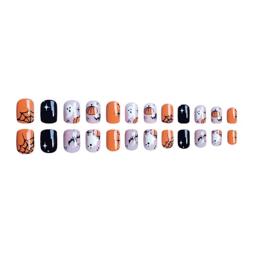 Halloween Press on Nails Short Fake Nails Square False Nails Little Ghost Spider Web Design Cute Pumpkin Fake Nails Full Cover Stick on Nails Halloween Festival Artificial Nails for Women 24 Pcs - color: Halloween Style 022