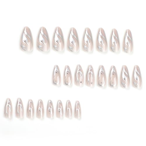 MISUD Press on Nails - Medium Almond Glue on Nails with Silver Chrome, Acrylic 3D Pearl Design 24 pcs - color: 11206Silver