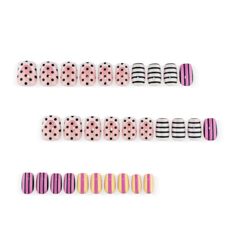 Press on Nails Short Square Polka Dot Black Pink Stripe Design - color: Black White Pink -23