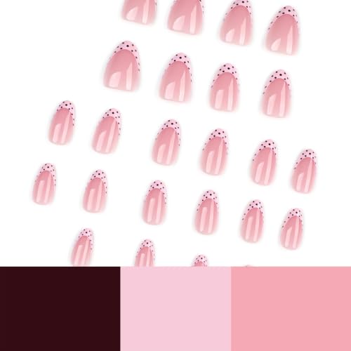 Polka Dots Press on Nails Short Almond Fake Nails Pink French Tip Acrylic - color: BD-Pink-13