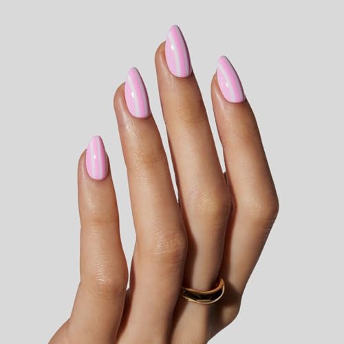 LAMIMOSA 32Pcs White Striped Pink Press On Nails Short Almond, CANDY - color: CANDY