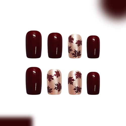 24Pcs Fall Maple Leaf press on Nails Medium Square Burgundy Fake Nails - color: Style-28