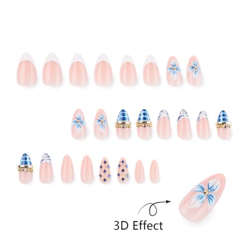 Medium Almond Press On Nails, 3D Blue Flower French, 24 Pcs - color: 106-Blush Blue Pearl