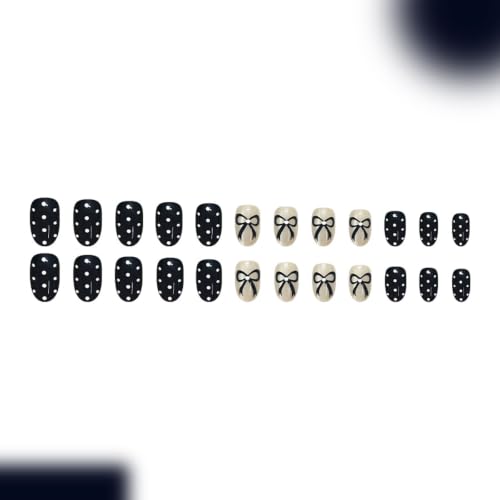 Oval Press on Nails, Short, Blue Bow, White Polka Dot, Acrylic Nails, 24Pcs - color: style-04