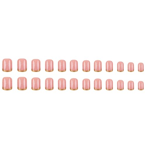 Gold French Tip Press On Nails Short Square Fake Nails Pink False Nails With Glitter Design Acrylic Glue On Nails Reusable Nails Press Ons For Women Girls - color: short square nails-1