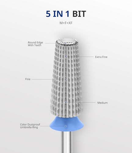 AIRSEE Tungsten Carbide 5 in 1 Nail Drill Bit,Silver Medium-M+F+XF - color: Silver, size: Medium-M+F+XF