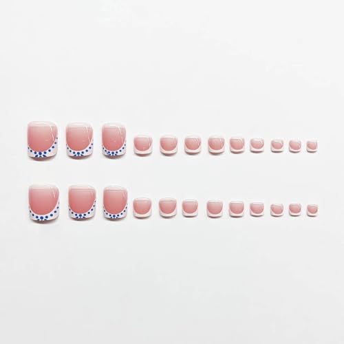 CTTHNBD Medium Press on Nails Square & Press on Toenails Set, White French Tip with Blue Spot Design - for Women 48 Pcs - color: Blue Pink