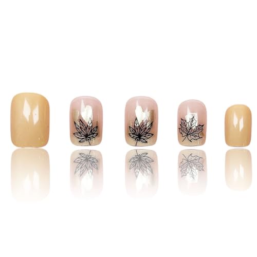 Autumn Press on Nails Short Square Fake Nails with Maple Designs Full Cover Nails Press ons Gold Nude Glue on Nails Fall Acrylic Nails Glossy Stick on Nails for Women 24Pcs - color: 16