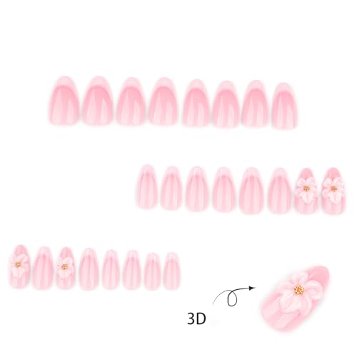 French Tip Press On Nails Almond Medium Fake Nails With 3D White Flower Design False Nails Pink Spring Acrylic Nails Press Ons Glossy Glue On Nails For Women - color: Design-4