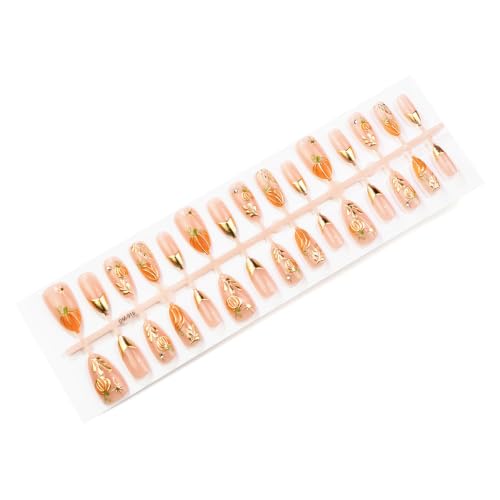 Fall Press on Nails Medium Almond, Gold French Tip Fake Nails, 30Pcs - color: Style-28