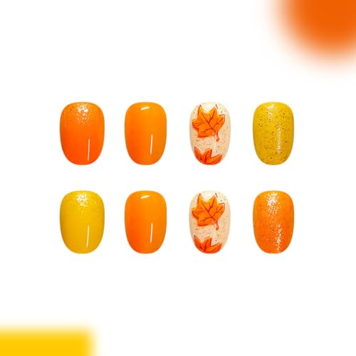 Fall Press on Nails Short Oval, Maple Leaves, Yellow, Orange - color: Style-22