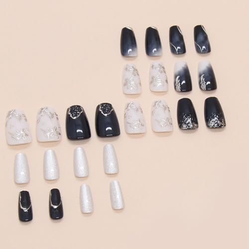 Cat Eye Press on Nails Short Coffin Fake Nails with Flower Glitter Gradient Designs Nails Press ons Silver Blue White Glue on Nails Summer Glossy Stick on Nails for Women 24Pcs - color: silver blue white