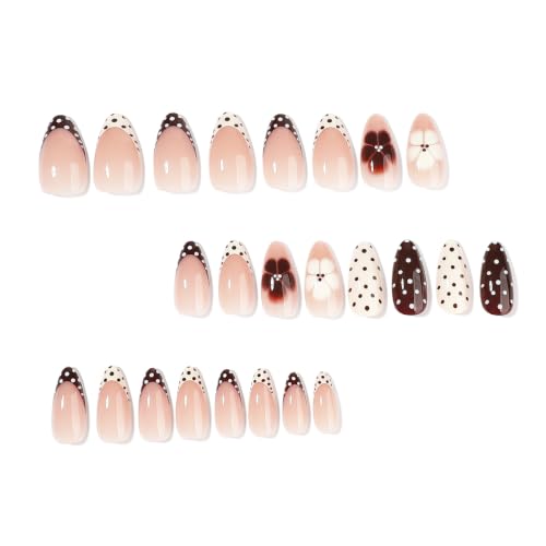 Fall Brown Press on Nails Almond, Flower, Polka Dots, Medium, 24Pcs - color: Style-38