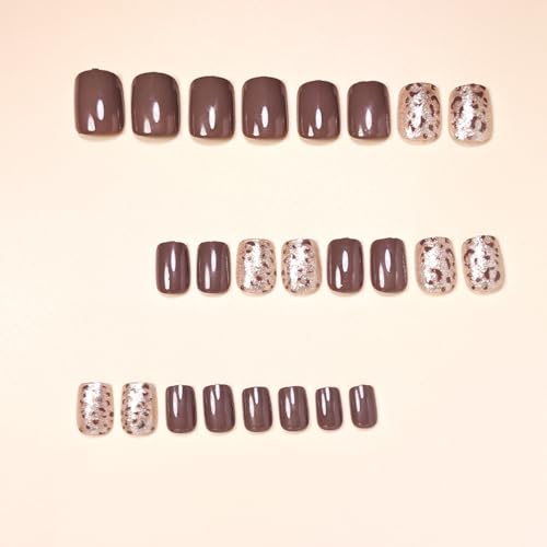 Short Square Brown Press on Nails - Leopard Glitter Design - color: Style-06