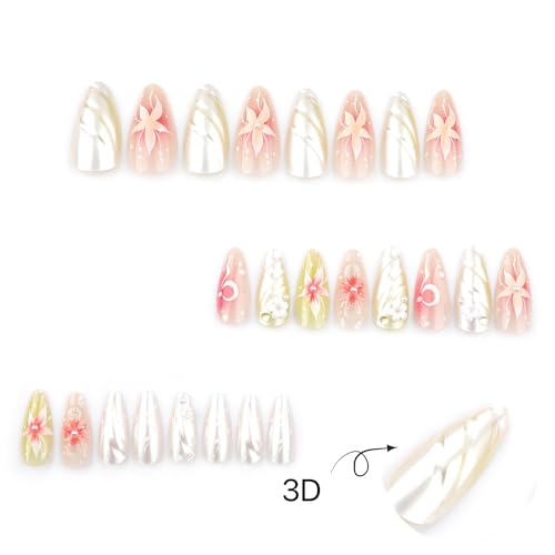 Almond Press on Nails Medium Fake Nails Ombre with 3D Flower Design Glossy Full Cover False Nails for Women Manicure 24Pcs - color: Colorful