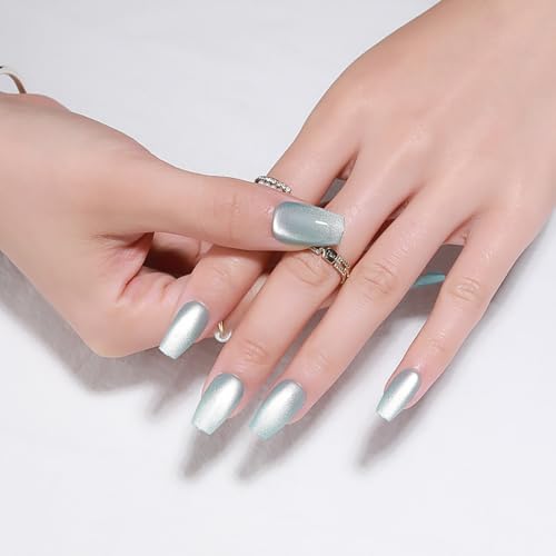 Light Blue Press On Nails Medium, Cat Eye Coffin Press On Nails with Crystal Glow Design, Fashion Gel Fake Nails, Reusable Coffin Fake Nails, Stick On Nails for Women, Crystal Frost - color: C5-Crystal Frost