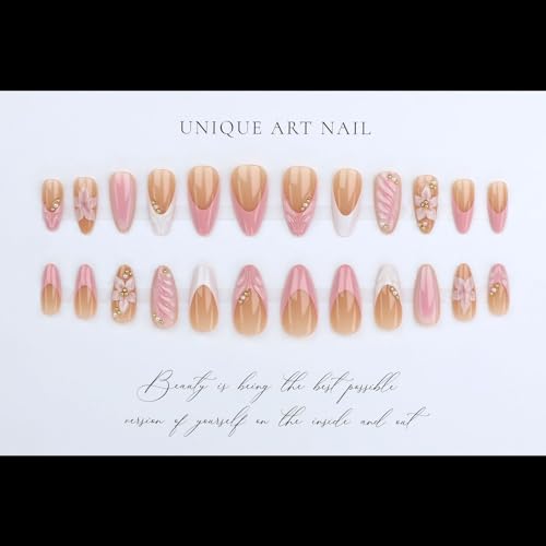 Pink Almond Press On Nails Medium Fake Nails With 3D Flower Design French Tip Nail Press Ons Gold Pearl Spring Acrylic Nails Glossy False Glue On Nails For Women 24Pcs - color: Design-1