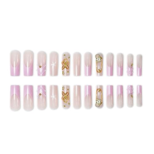 Long Square Press on Nails 3D Flower Fake Nail 24Pcs - color: 38