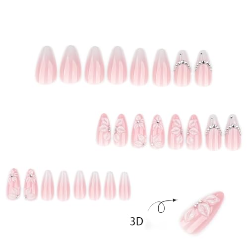White Embossed Flower Press On Nails Almond Medium Fake Nails With Rhinestone Chain Design French Nail Press Ons Pink Glossy False Nails Spring Acrylic Nails For Women - color: Design-2